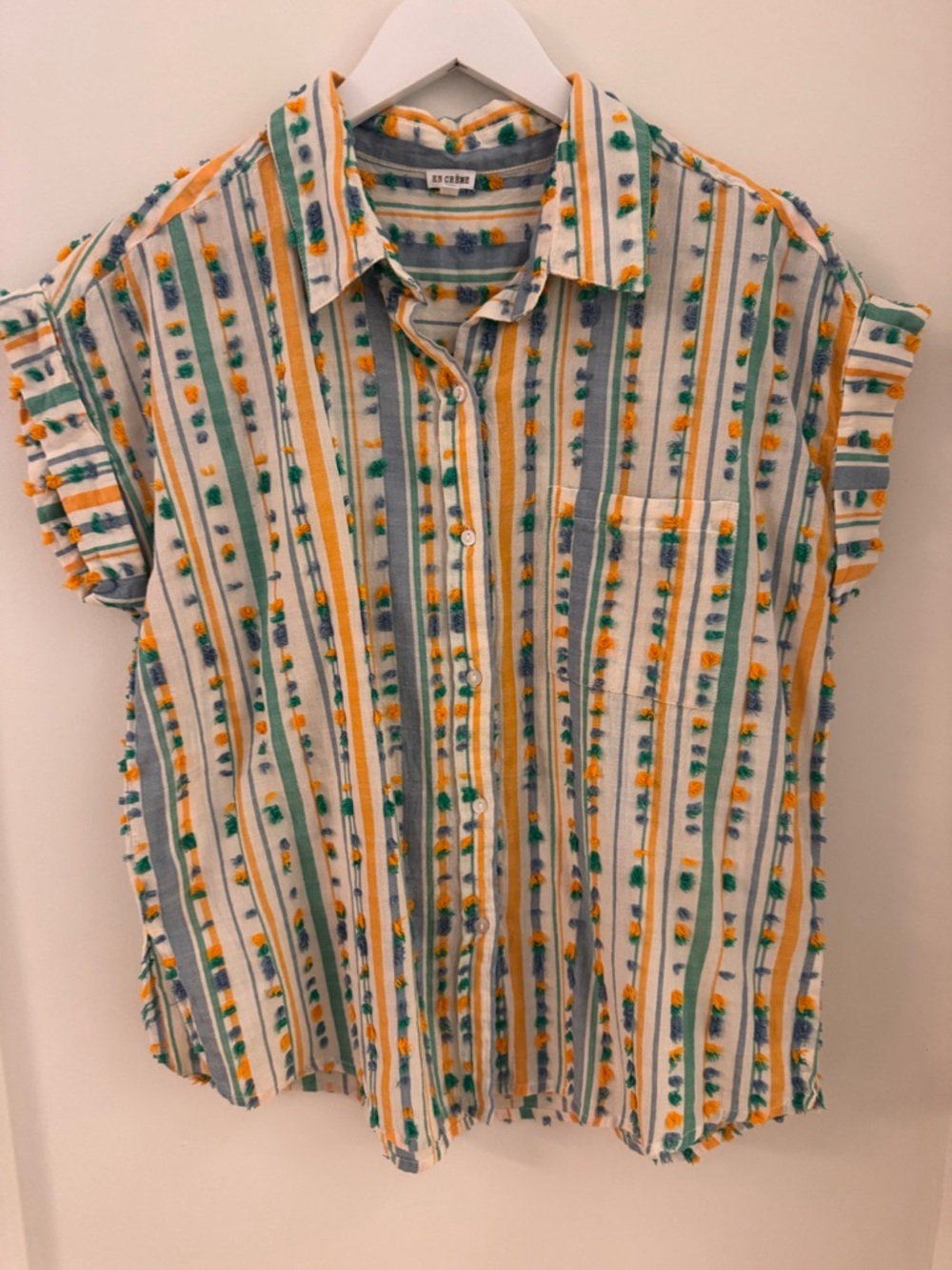 Textured Short-Sleeve Stripe Shirt - Ivory with Orange, Blue, and Green